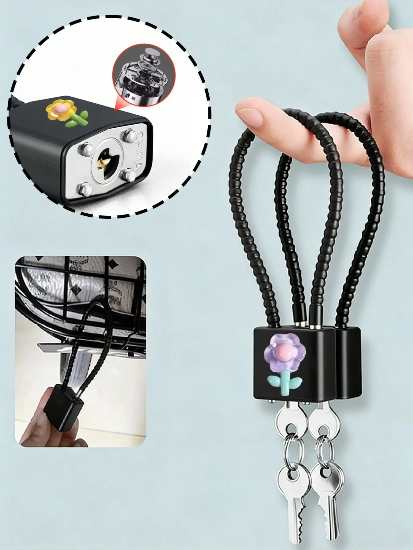 A steel cable padlock with cute flower decorations, comes with 3 keys: steel cable padlock, cabinet lock, filing cabinet lock, extension lock, wire lock, anti-theft lock, long bar lock