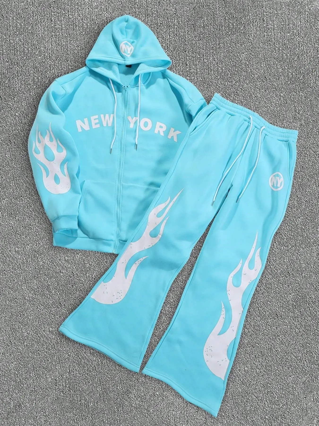 Men's Two-Piece Casual Drawstring Printed Bell Bottom Pants & Hoodie Set, Sweatshirt & Jogger Suit, Blue Sportswear, Casual Activewear Set, Athleisure Activewear Clothing