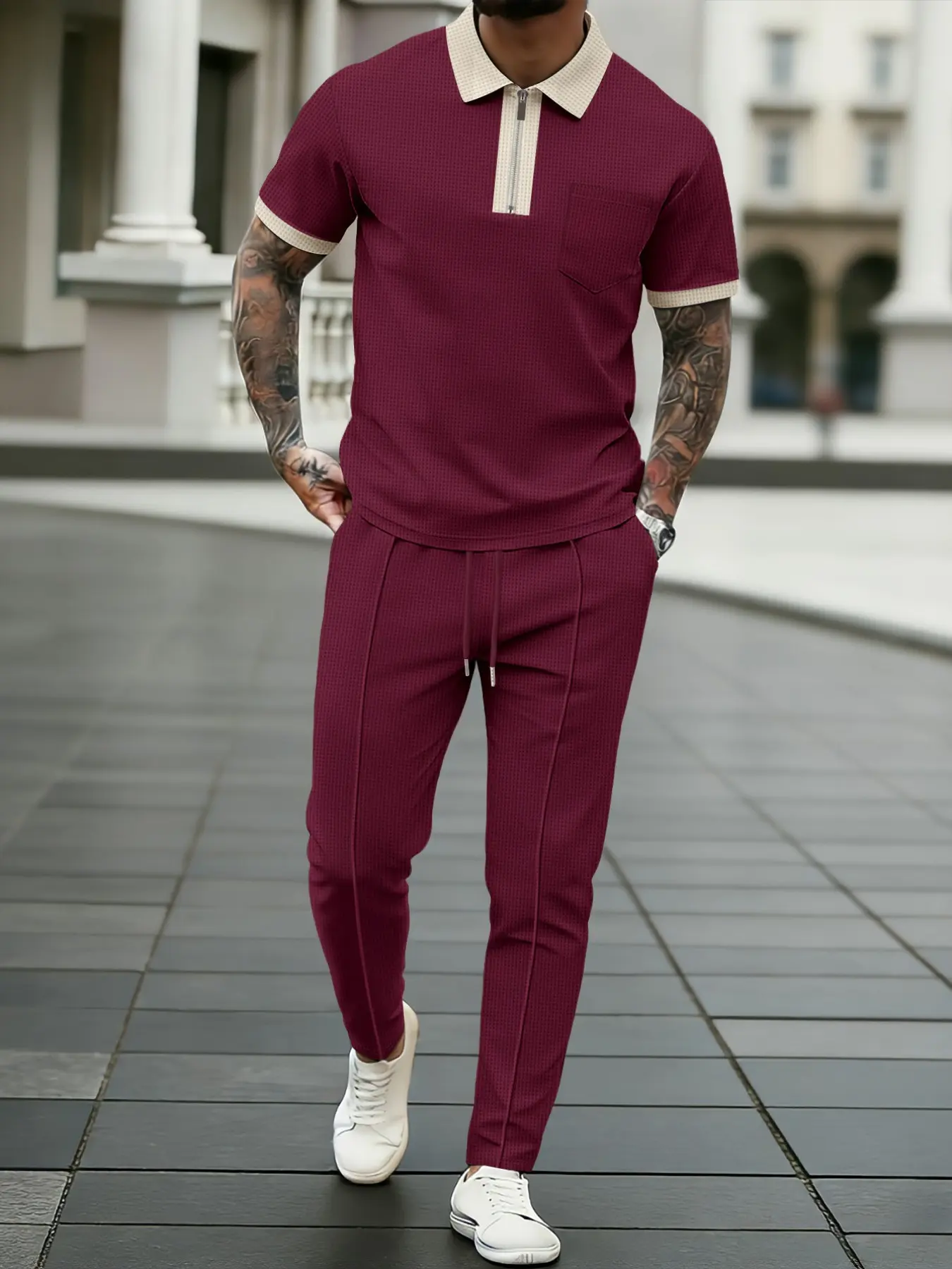 Summer Men's Colorblock Polo Running Set, Short Sleeve Half-Zip Polo Shirt, Drawstring Pants, Two-Piece Casual, Streetwear Style, Fashion Summer Tracksuits