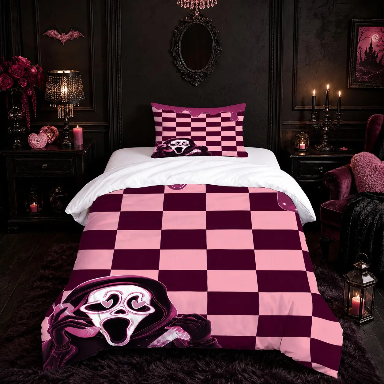 2/3PCS Gothic Y2K Duvet Cover Set, Pink Burgundy Checkered Scream Ghost Face Print Bedding, 1 Duvet Cover + 1/2 Pillowcases Without Comforter Inserts, Great for Teen Girl Bedroom Dorm Gothic Decor & Halloween Holiday Gifting