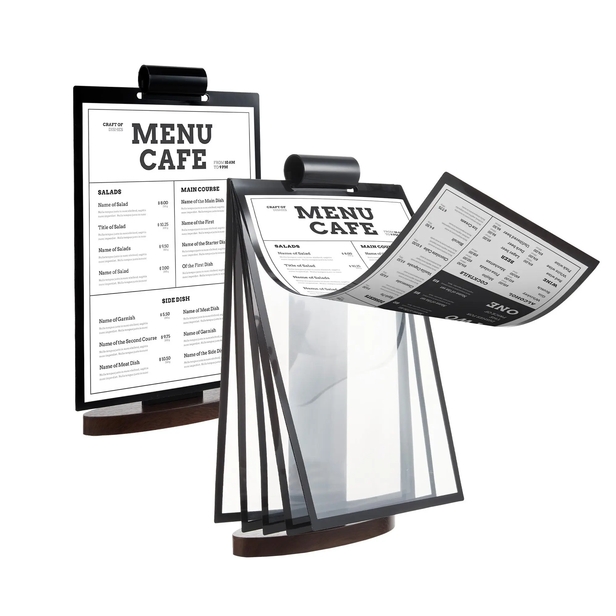 2PC Stand Tabletop Easel,A4 Acrylic Flip Menu Sign Holder with Walnut Wood Base, Vertical Desktop Display Stand