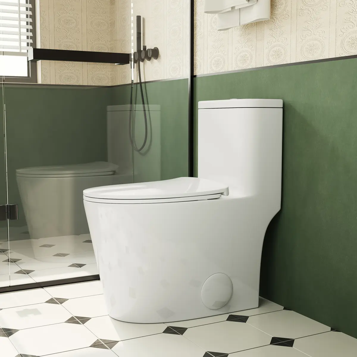 1.1/1.6 GPF Elongated Comfort Height Floor Mounted One-Piece Toilet ,  CUPC Certified, WaterSense Cetified, Ceramic, White Color, Soft Close Seat On-Site