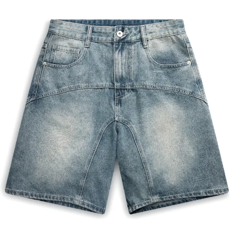 Men's 5" American Vintage Washed 90s Denim Shorts - Cotton 72.3%-Polyester 22.9%-Other 4.8% Blend, Deconstruction Panel Contrast Stitching, Classic Button Mid Waist Straight Pants, Foldable Pocket, Machine Wash, 90s Streetwear Bottoms for Valentine's Day