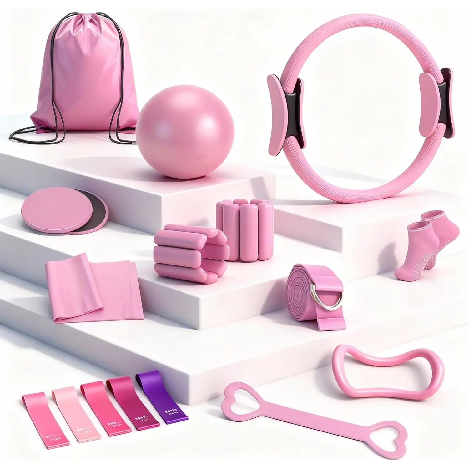 Pilates Equipment Kit for  Workouts - 18 count Set- 14'' Pilates Ring and Ball Set for Women, Pilates/Yoga Accessories Kit with Wrist Weights, Resistance Bands, Core Sliders, Yoga Strap