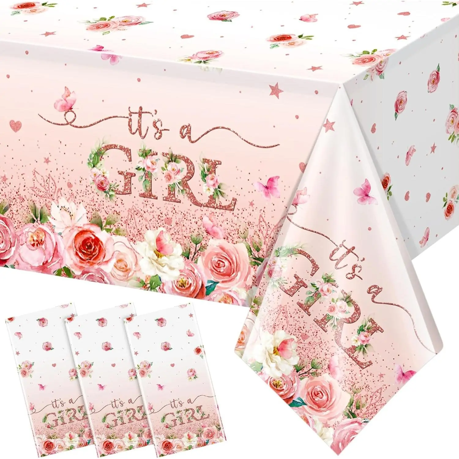 3 Pack Pink Floral Disposable Plastic Baby Shower Tablecloth, Perfect for It's a Girl Baby Shower Gender Reveal Party Decorations