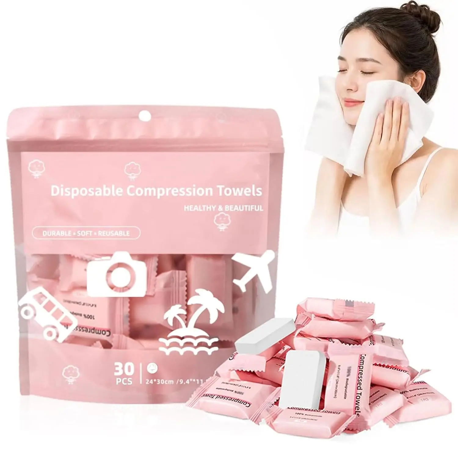 30 Pcs Disposable Compressed Towel Tablets, Portable Soft Healthy Expandable Facial Wipes, Compact Travel Towels for Camping, Hiking, Daily & Outdoor Activities