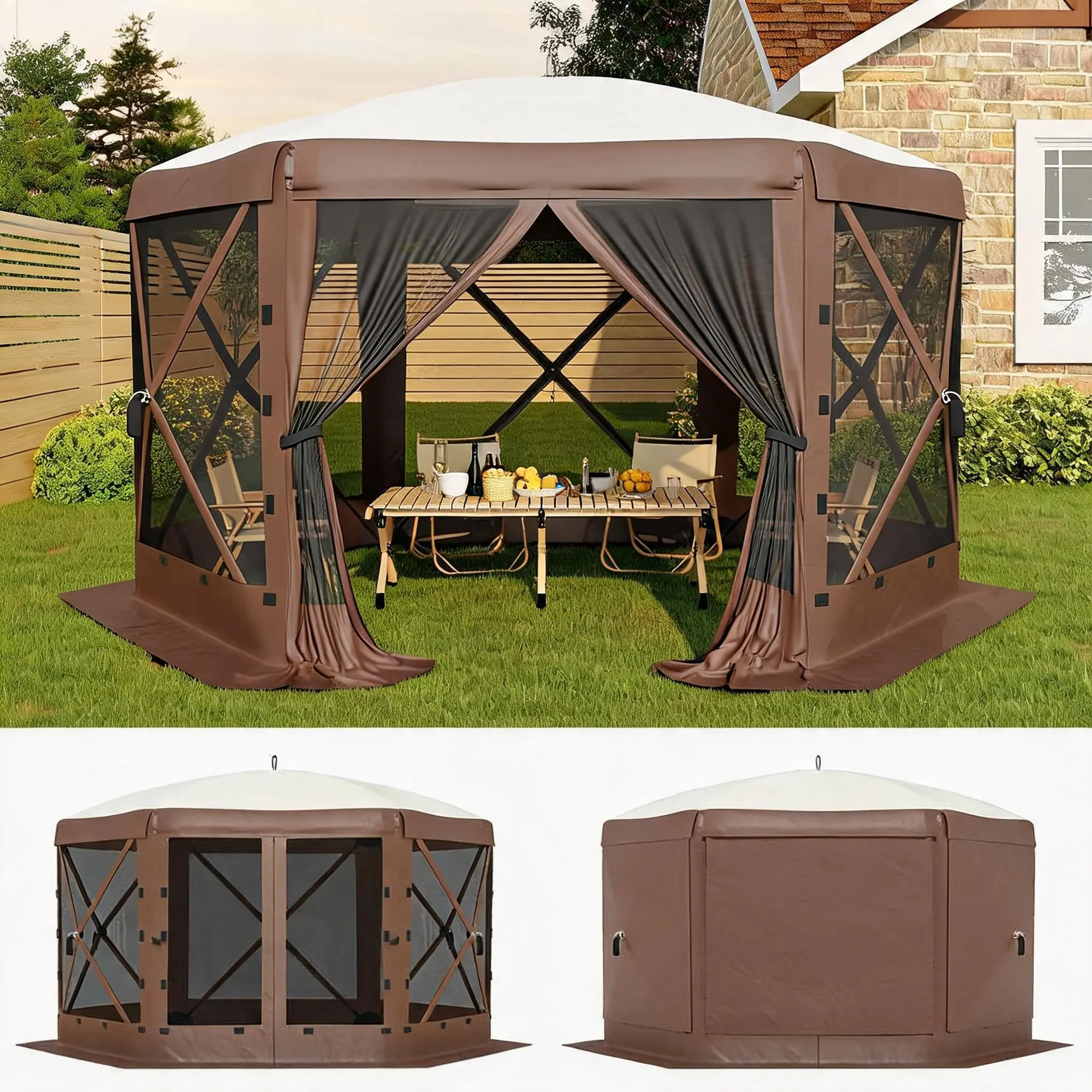 13x13 ft Pop-Up Gazebo Canopy Tent - Quick Setup 6-Sided Outdoor Shelter - Mosquito Mesh Netting & 6 Removable Wind Panels - Backyard/Patio/BBQ/Parties/Camping