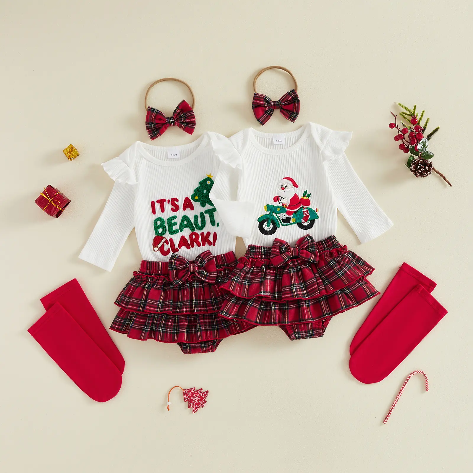 Infant Baby Girl Christmas Outfit Embroidery Romper and Plaid Skirt Headband Socks Set Fall Winter 0-18 Months