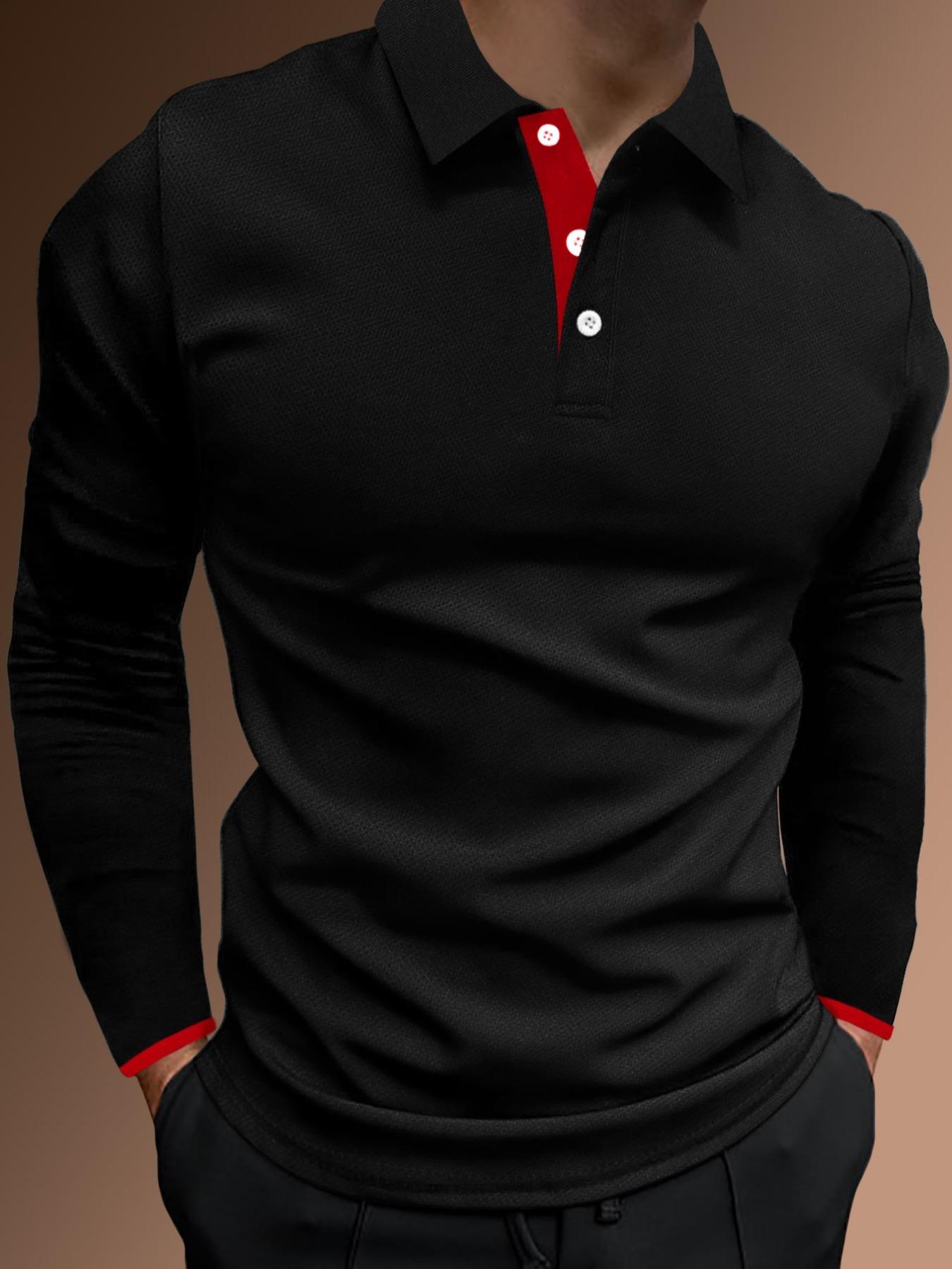 Men's Regular Fit Contrast Binding Button Front Polo Shirt, Men's Clothing Outfits, Casual Long Sleeve Half Placket Collared Top for Summer, Streetwear, Menswear for Daily Wear, Polo Tees