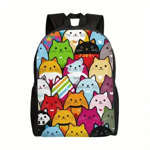 Color Cartoon Kitten Print Trendy Casual Schoolbag For Daily Commute, Campus Laptop Backpack For Students, Perfect For College & Hanging Out