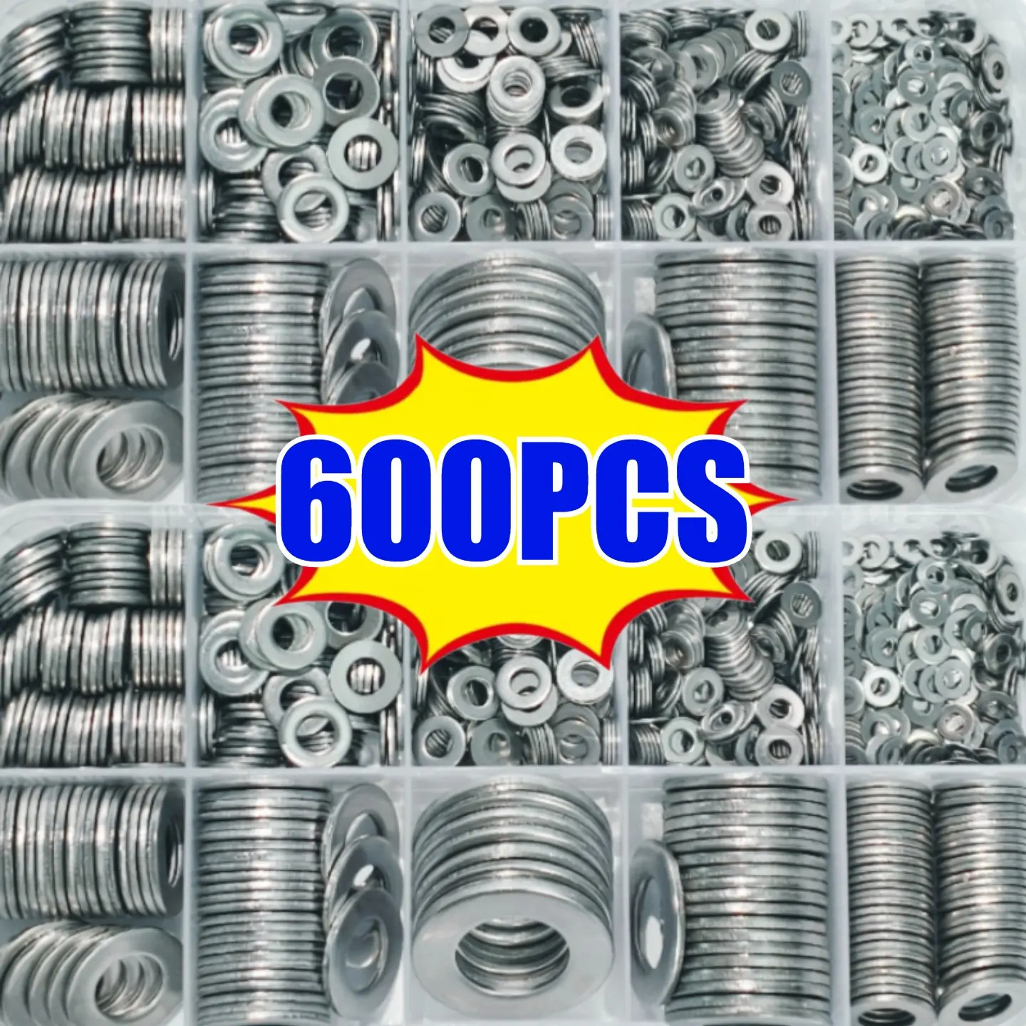 600pcs Polished Flat Washers Assortment Set, M2 to M12 Sizes with Storage Box, Metal Gasket Fasteners for Home Decoration, Kitchen Repairs, Industrial Maintenance & Daily Hardware Applications