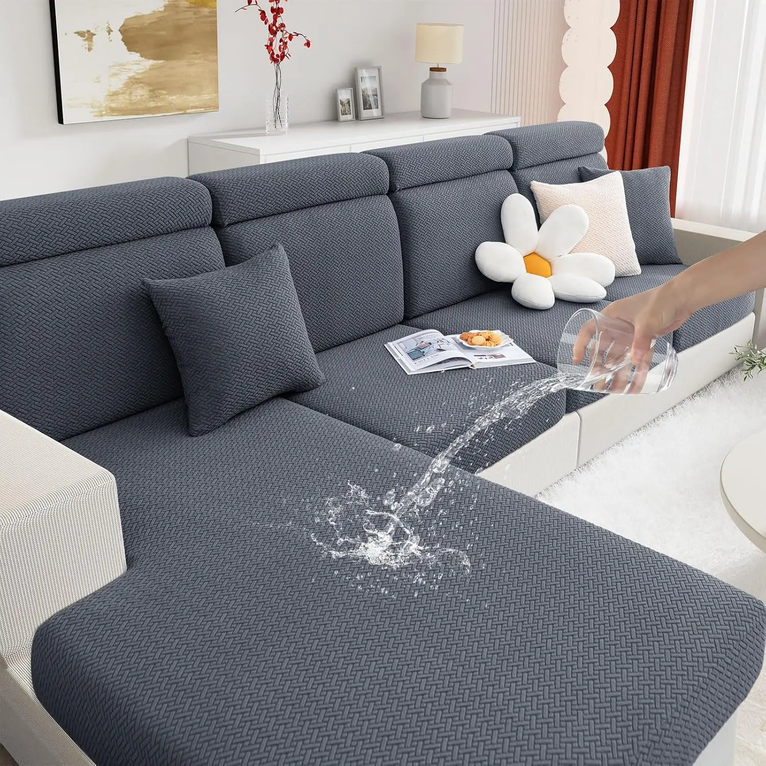 Waterproof Couch Cushion Covers, Stretch Magic Sofa Covers Washable, Thick Jacquard Fabric, Waterproof Sofa Couch Covers for 3 Cushion Couch Sofa for Pets (3 Packs, Grey)