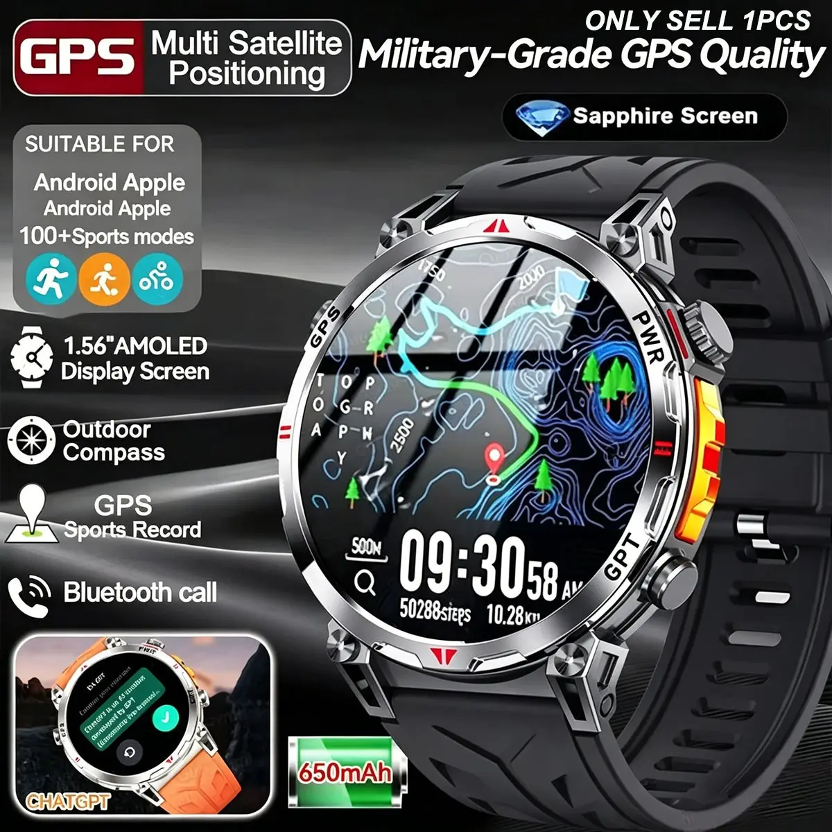 Smart Watch Men 1.56inch AMOLED GPS Positioning Outdoors Sports Fitness Tracker Bluetooth Calling 650mAh Large Battery Smartwatch