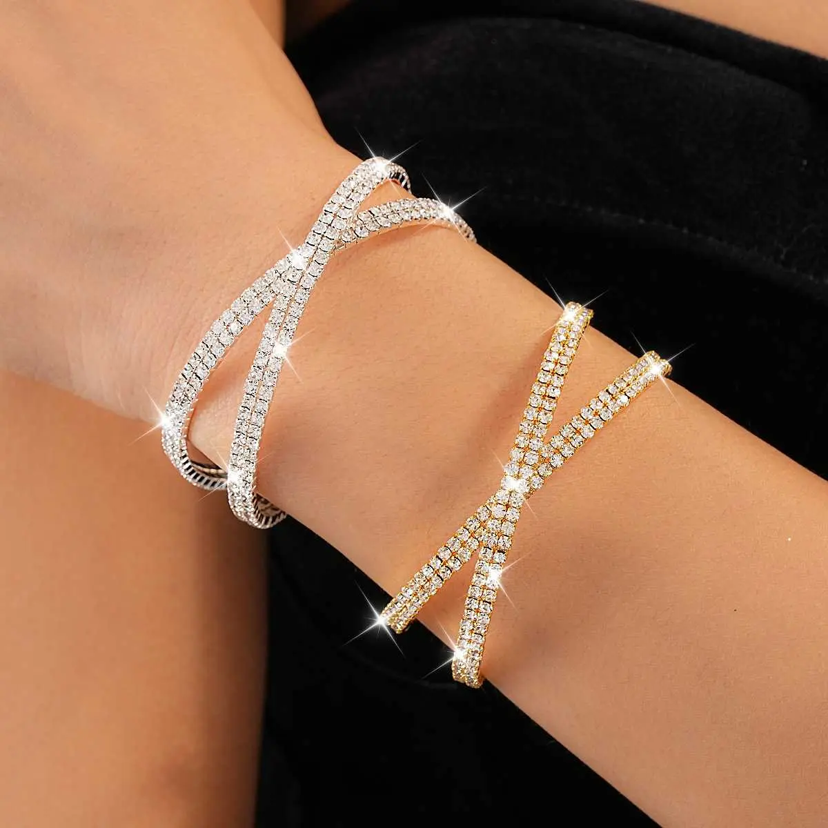 Rhinestone Square Double Layer Open Cuff Bracelet Stainless Steel for Women Everyday Party Gift
