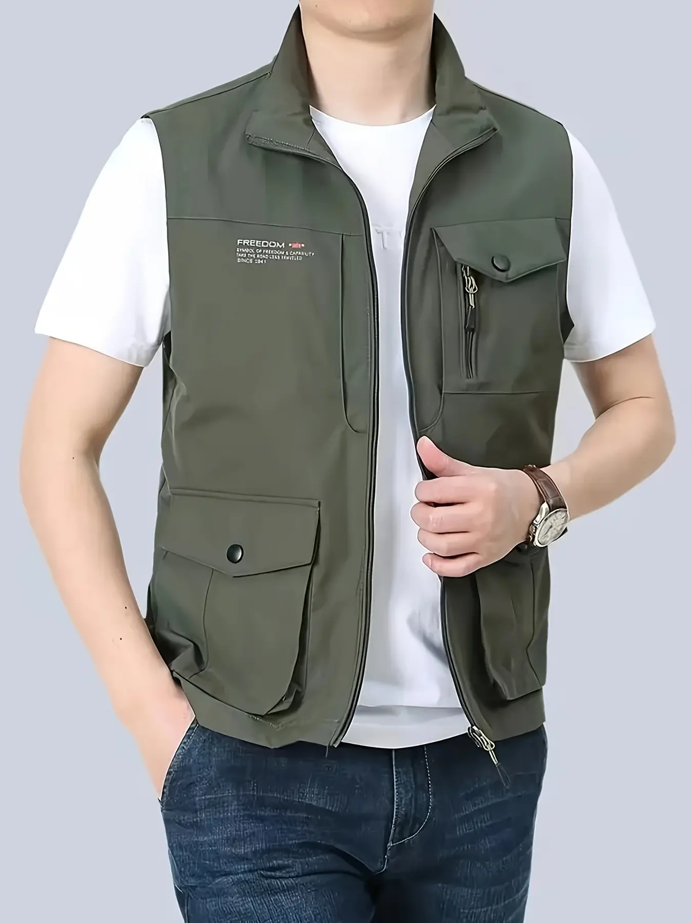 Men's Work Vest with Multiple Pockets, Quick-Dry Fishing Vest, Casual Sleeveless Outer Vest, Outdoor Medium-Length Vest