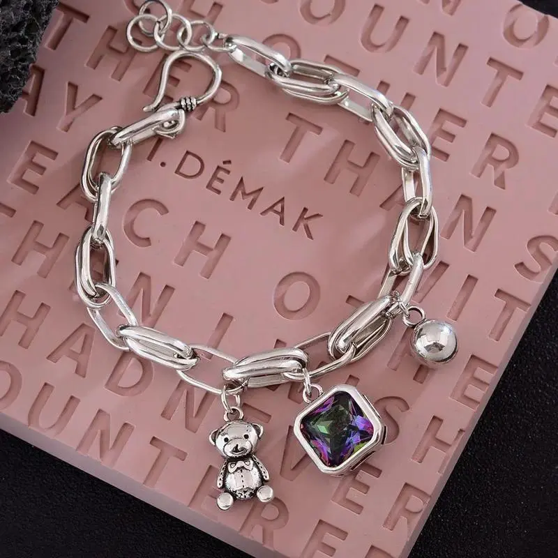 925 Sterling Silver Charm Bracelet for Women – Cute Bear Crystal Animal Pendant Bracelet, Dainty Sparkly Jewelry Gift for Her, Trendy Fashion Charm Bracelet for Daily Wear, Vacation & Summer Outfits, Compatible with Most Wrist Sizes