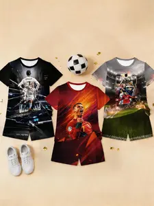 Boys' C Ronaldo Short Sleeve Set, 3-Piece Summer, Casual All-Over Print T-Shirt, Perfect for Parties and Gifts