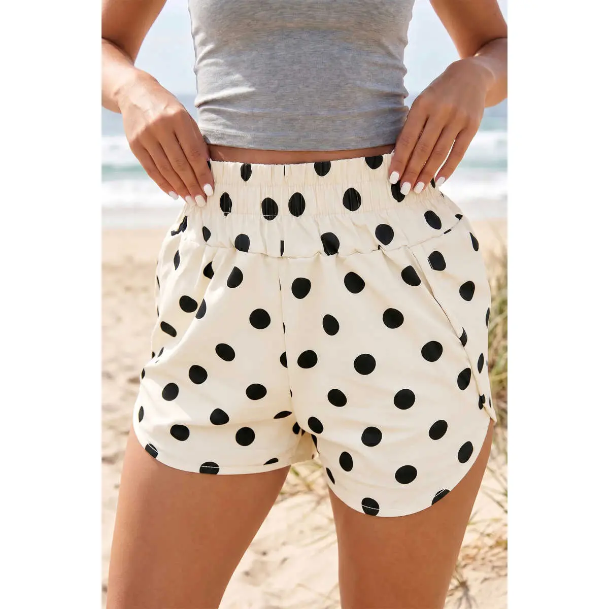 Apricot Polka Dot Print Shirred High Waist Casual Shorts