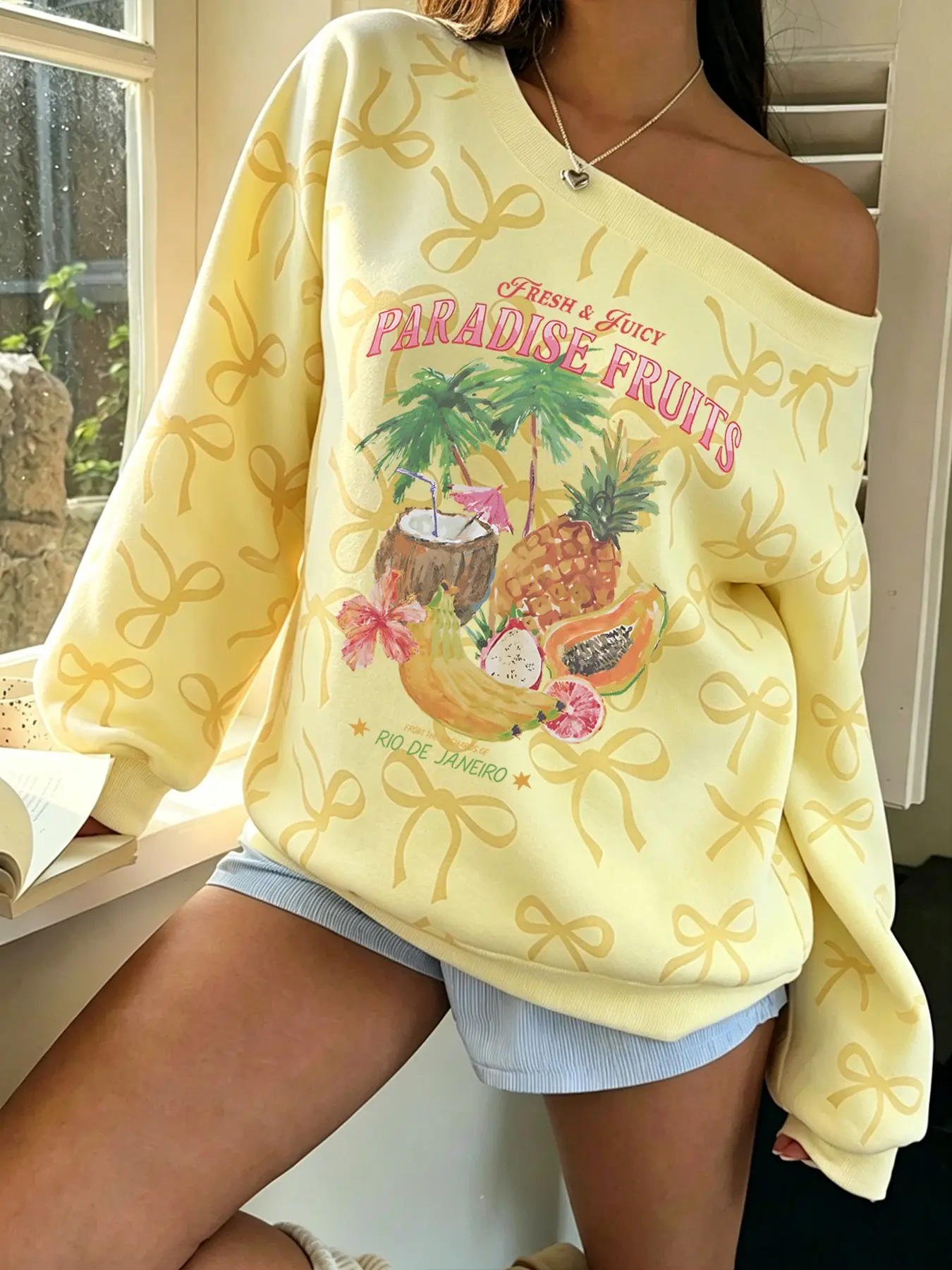 Women's Off-Shoulder Long Sleeve Top, Pineapple Banana Coconut Pattern Print, Versatile Casual Wear for Spring Summer Fall Winter