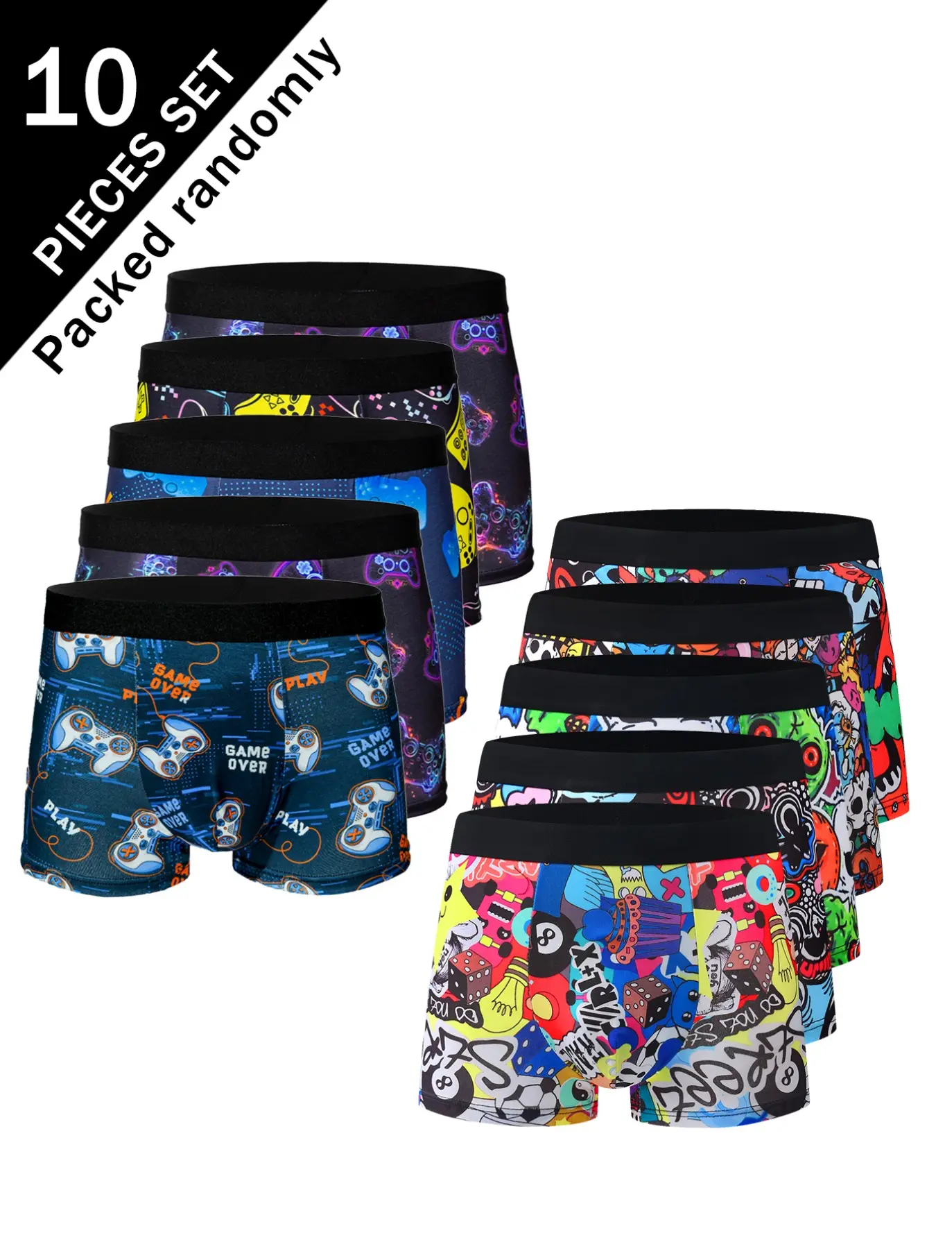 10-Pack Men's Boxer Briefs Set, Casual Slim-Fit Trunks, Soft Skin-Friendly High-Elastic Waist, Trendy Cartoon Design, All-Season Wear