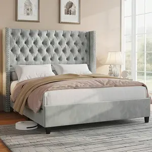 Queen/King Size Bed Frame Velvet Upholstered Platform Bed With 51.6'' Tall Wingback Headboard And Deep Button Tufted Design, Modern Bedroom Furniture Bed, No Box Spring Needed, Light Grey