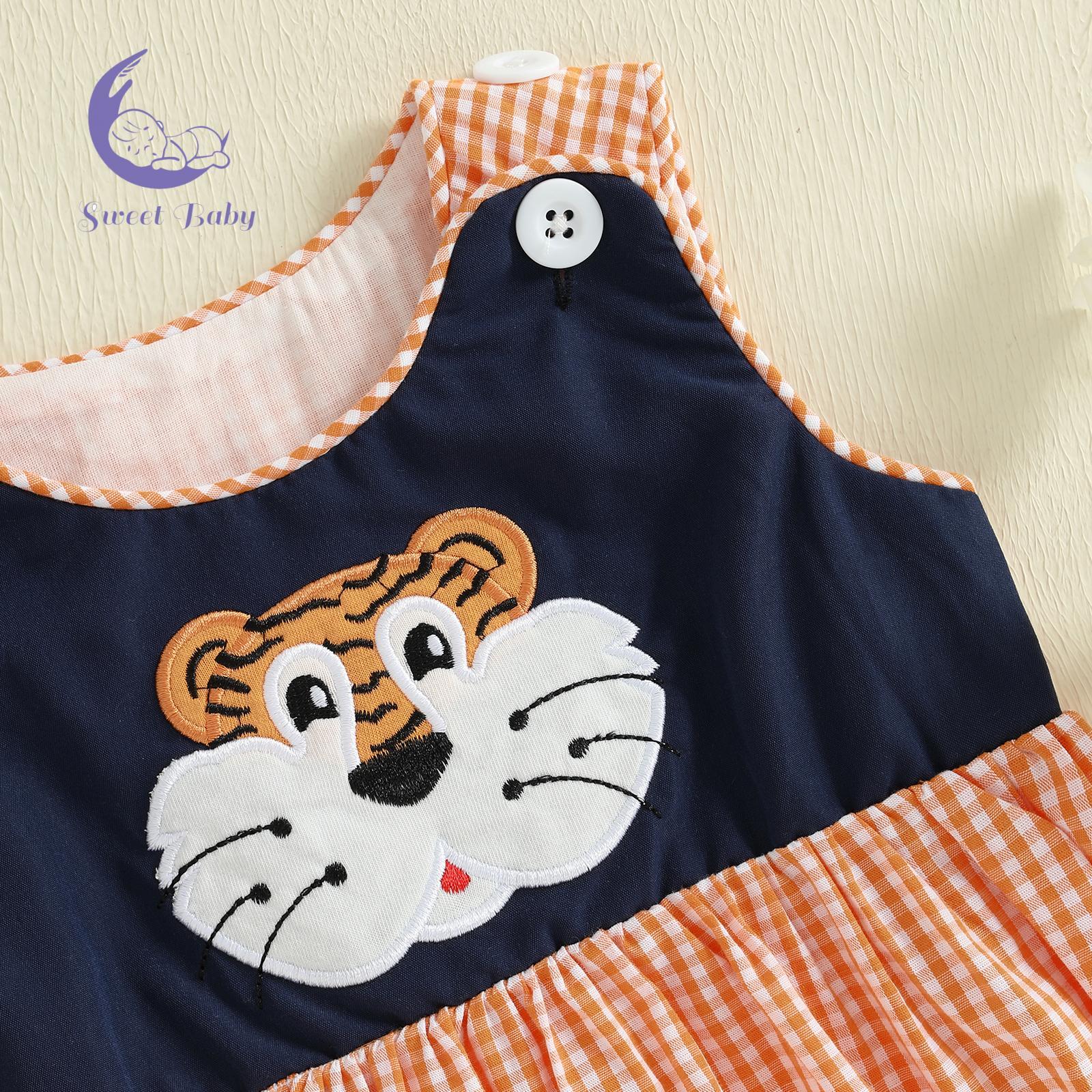 Baby Boy Sleeveless Round Neck Summer Romper Overalls, Animal Embroidery, Plaid Print Jumpsuit