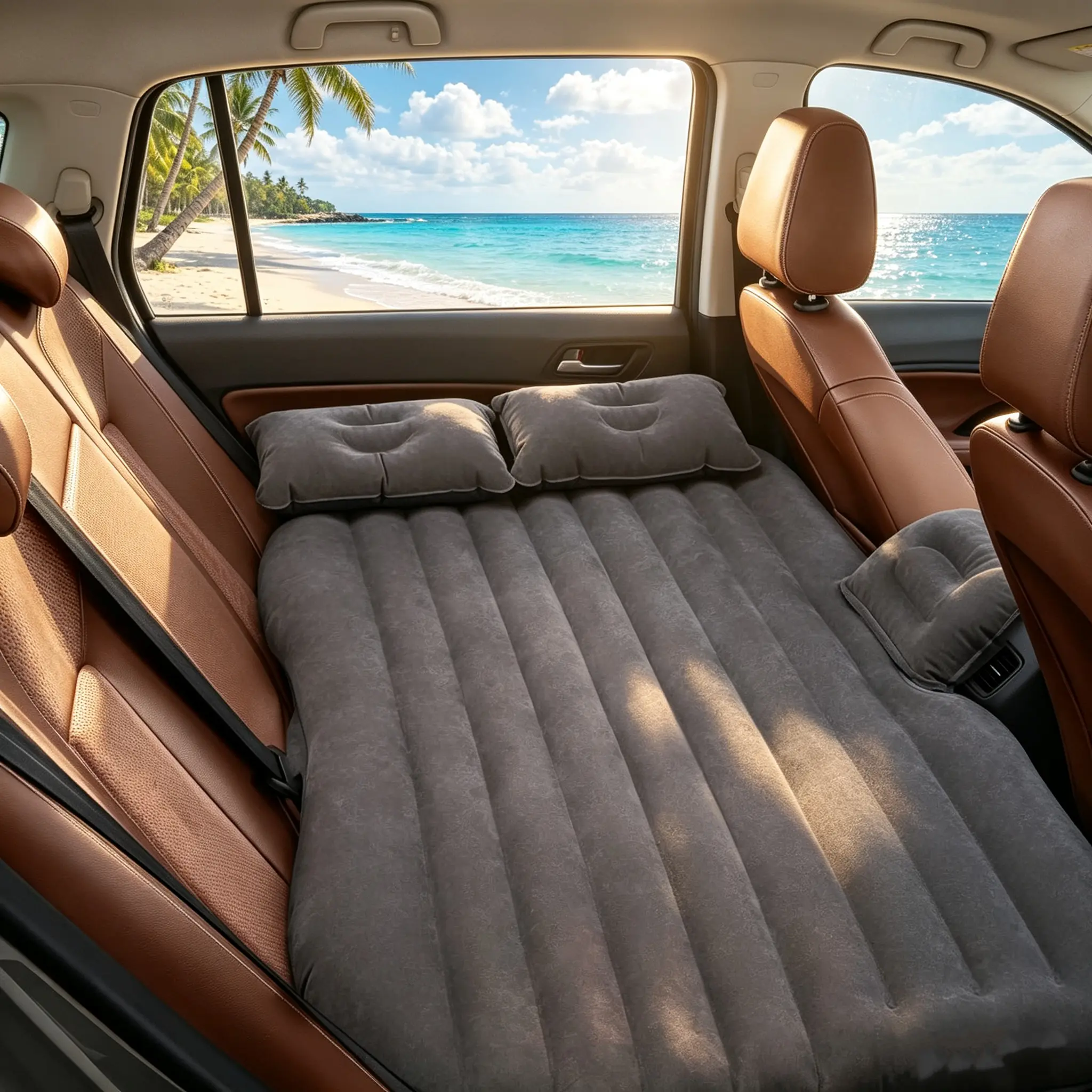 Back Seat Inflatable Car Mattress - SUV Camping Bed with Built-in Pump, 2 Pillows, Thickened Double-Sided Flocking for Road Trips, Camping