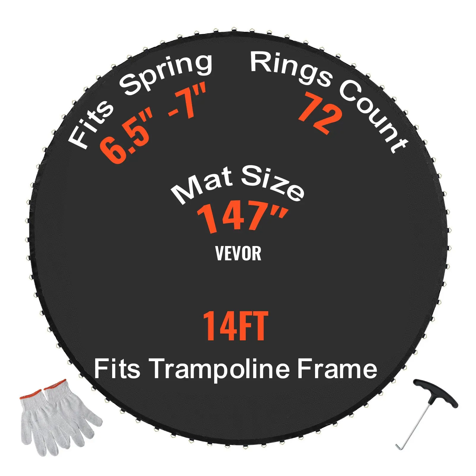 【Summerfinds】VEVOR Replacement Trampoline Mat, Jumping Mat Fits 14ft Frame, Universal Jumping Mat for 14ft Round Trampoline, Reinforce UV-Resistant Mat with Spring Tool Durable V-Rings, Fit 6.5"-7" Spring Length
