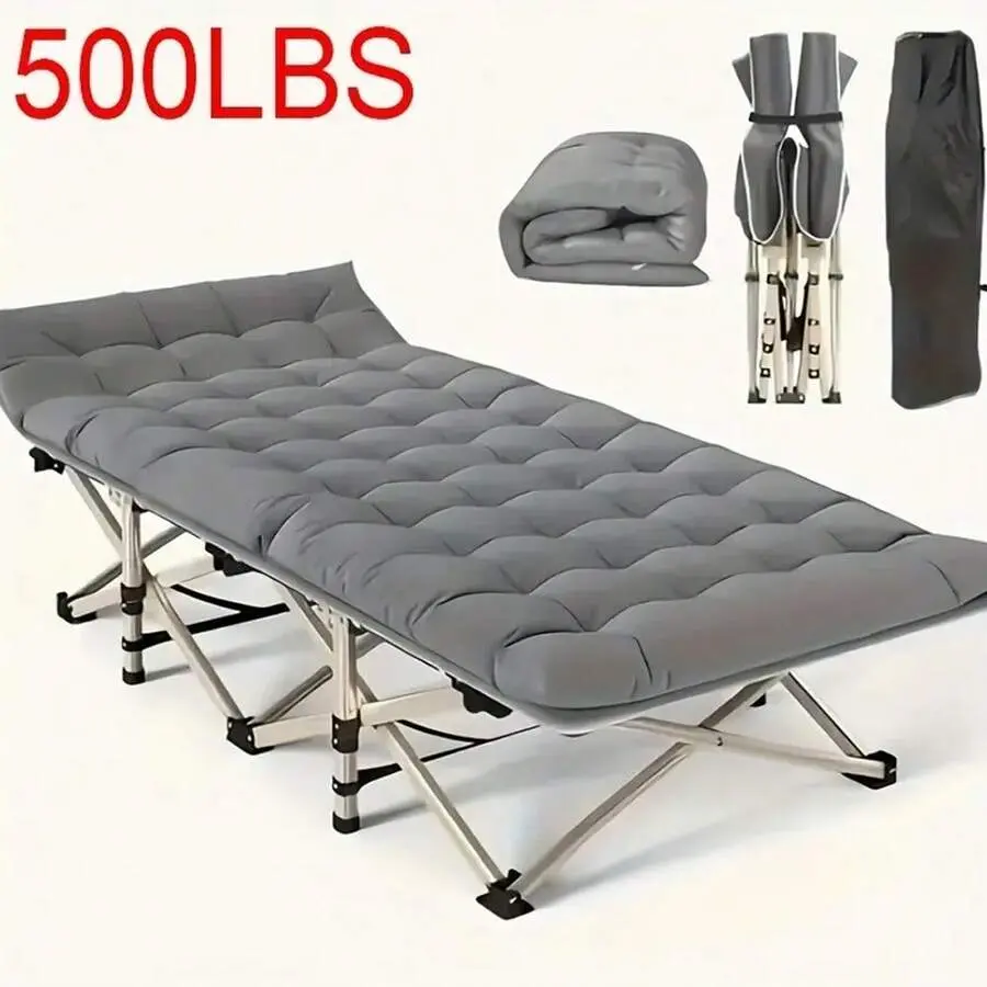 75-Inch Heavy-Duty Queen-Size Folding Bed, 10-Leg Design For Stable Support, Portable Camping Bed With Side Pockets And Mattress, Winter Camping Equipment