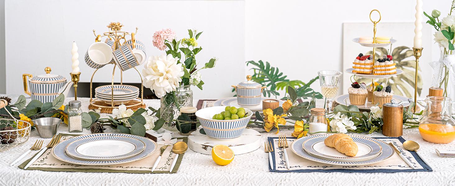 Elegant Blue White Bone China Tea Cup and Saucer Set 4-Pack Porcelain Tea Service for Afternoon Tea Women's Fine China Teaware