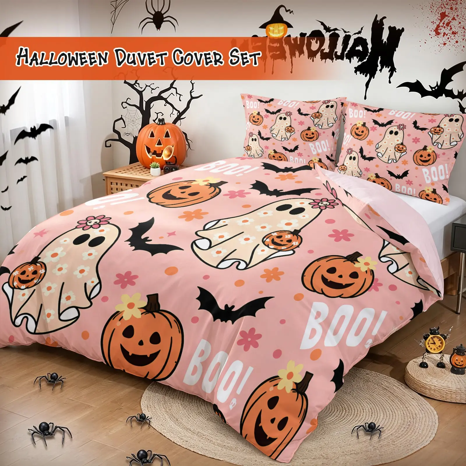 Cute Pink Halloween Ghost Pumpkin Duvet Cover Set 1 Duvet Cover & 1/2 Pillowcases No Filling Soft Decorative Bedding Set, Boo Bat Floral Print Holiday Bedroom Decor for Girls Women Teen Home Dorm Room