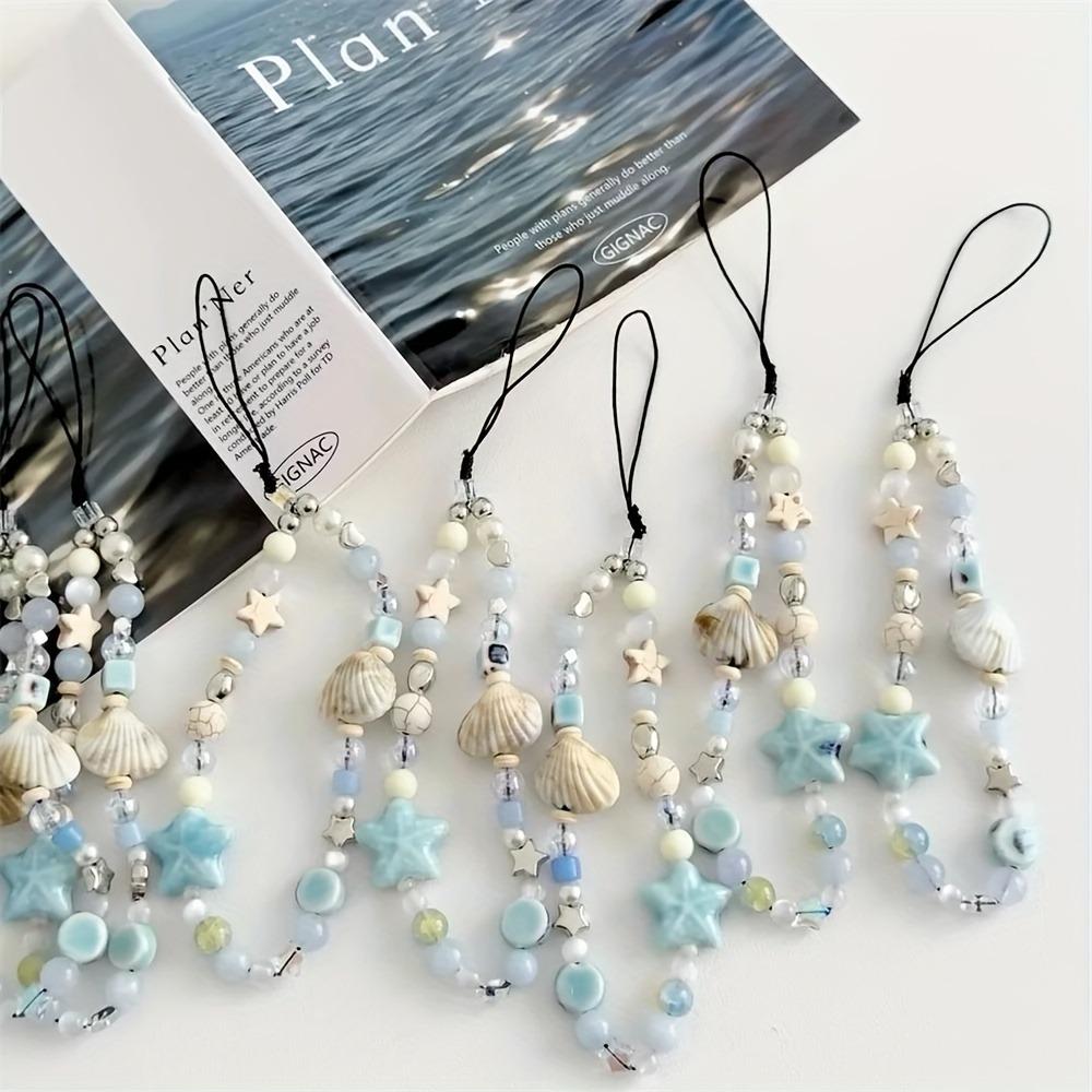 [Cute Charm] Blue Star Seashells Beaded Phone Strap | For Woman Girl | Cute Charm Chain Flower Phone Lanyard Keychain | For iPhone Case