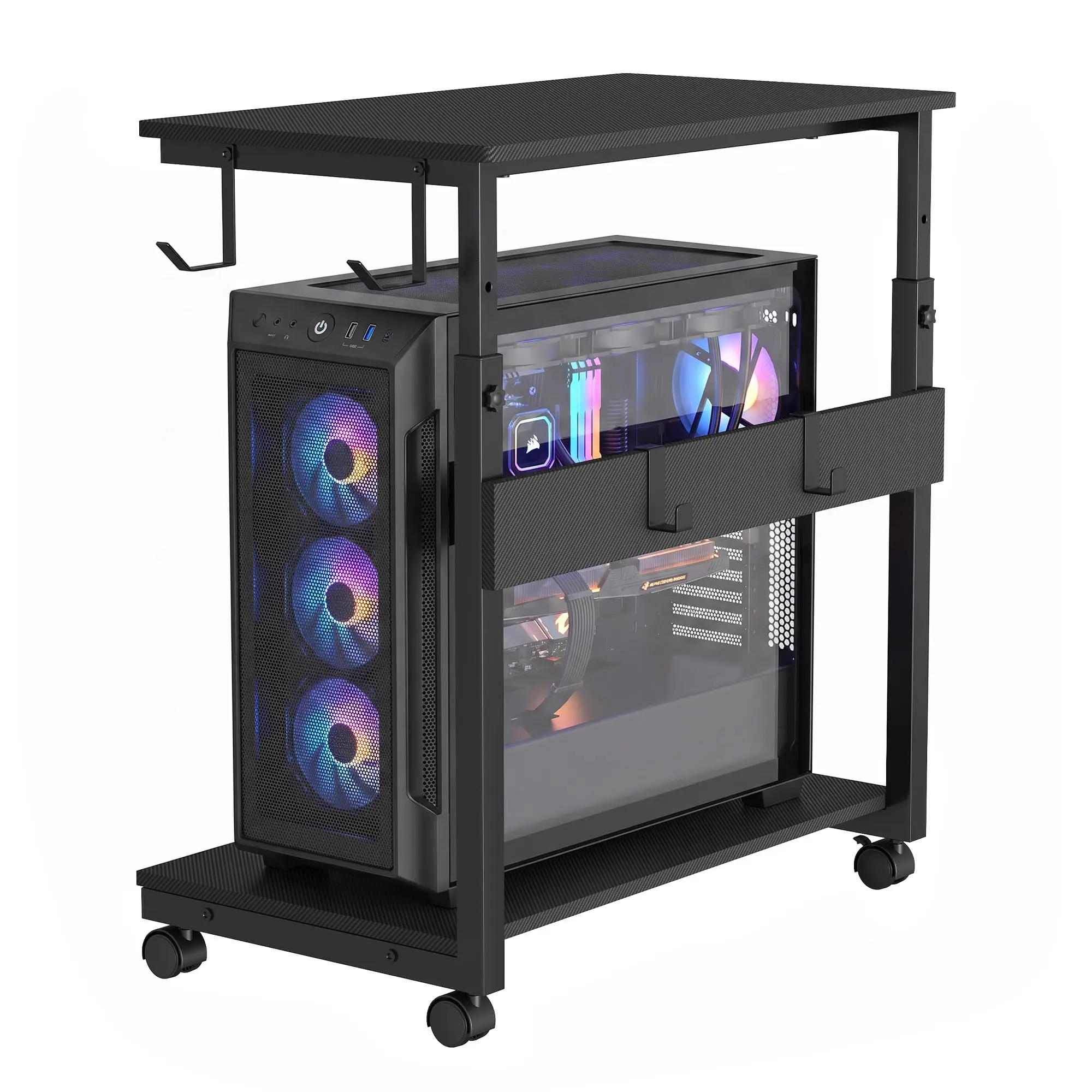 GAOMON Smooth Carbon Fiber-Steel Adjustable Office Computer Tower Stand with 4 Locking Wheels for Easy Mobility, Efficient Support and Organization