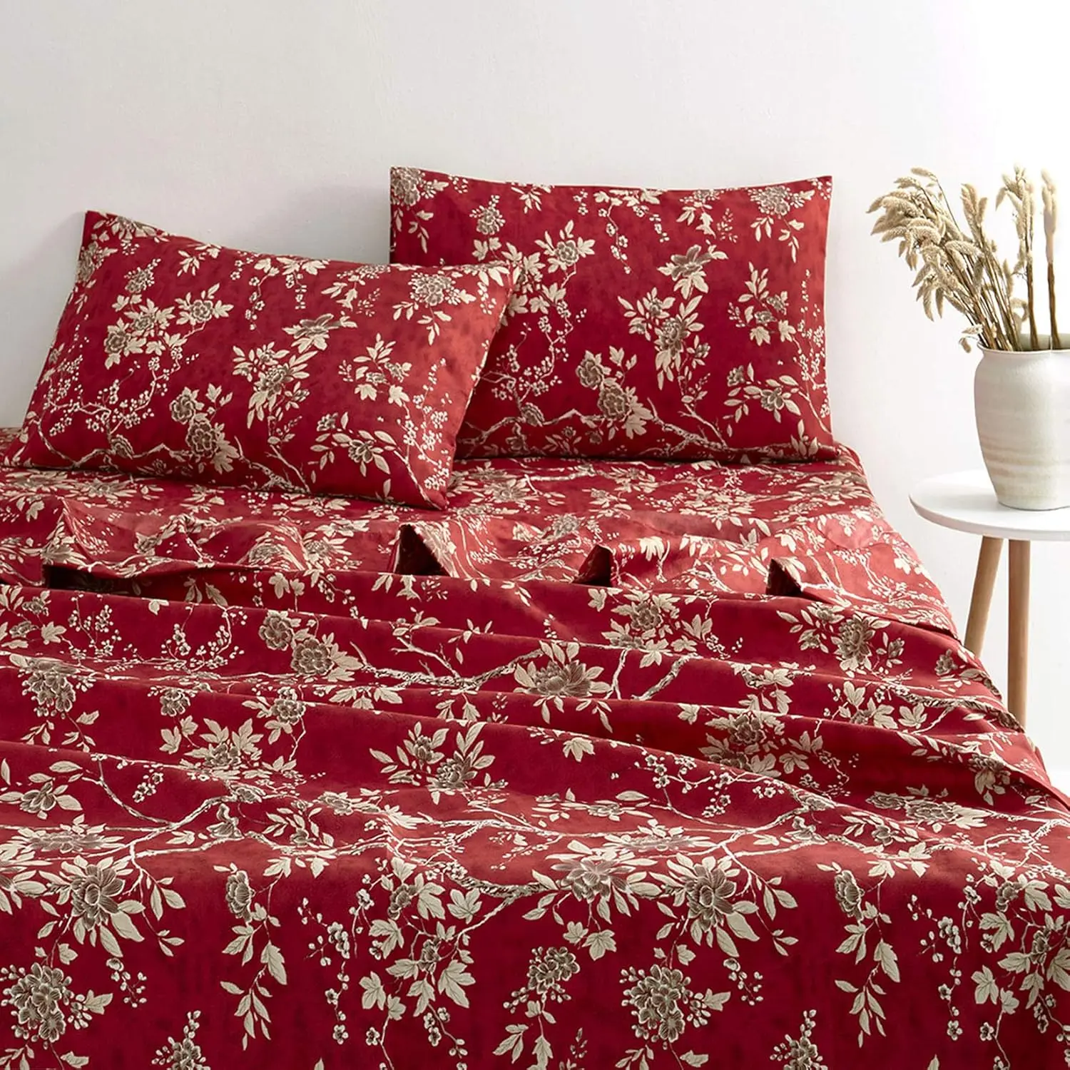 Wake In Cloud - Floral Bed Sheets, 4-Piece Sheet Set, Vintage Flower Shabby Chic Botanical Coquette Cottagecore Bedding, Deep, Red, Queen Size