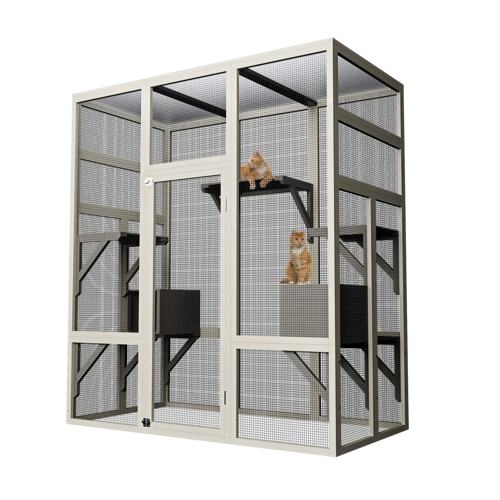 Large Wooden Outdoor Cat House Catio Cat Enclosure Weatherproof Outdoor Indoor Dog Cattery Playpen with 5 Platforms 2 Hideouts Galvanized Wire Mesh Windows Connected Detachable Side Panel Multi Cat Cage