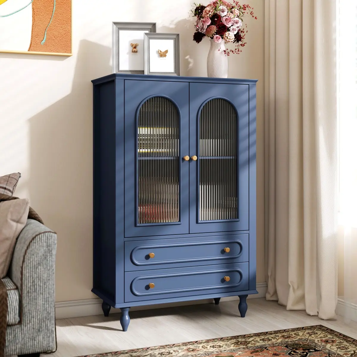 [Fahuac] Arched Ribbed Glass Door Cabinet with Drawers, Navy Blue Curio Display Storage Cabinet with Adjustable Shelf, Vintage Accent Cabinet for Dining Room or Living Room.