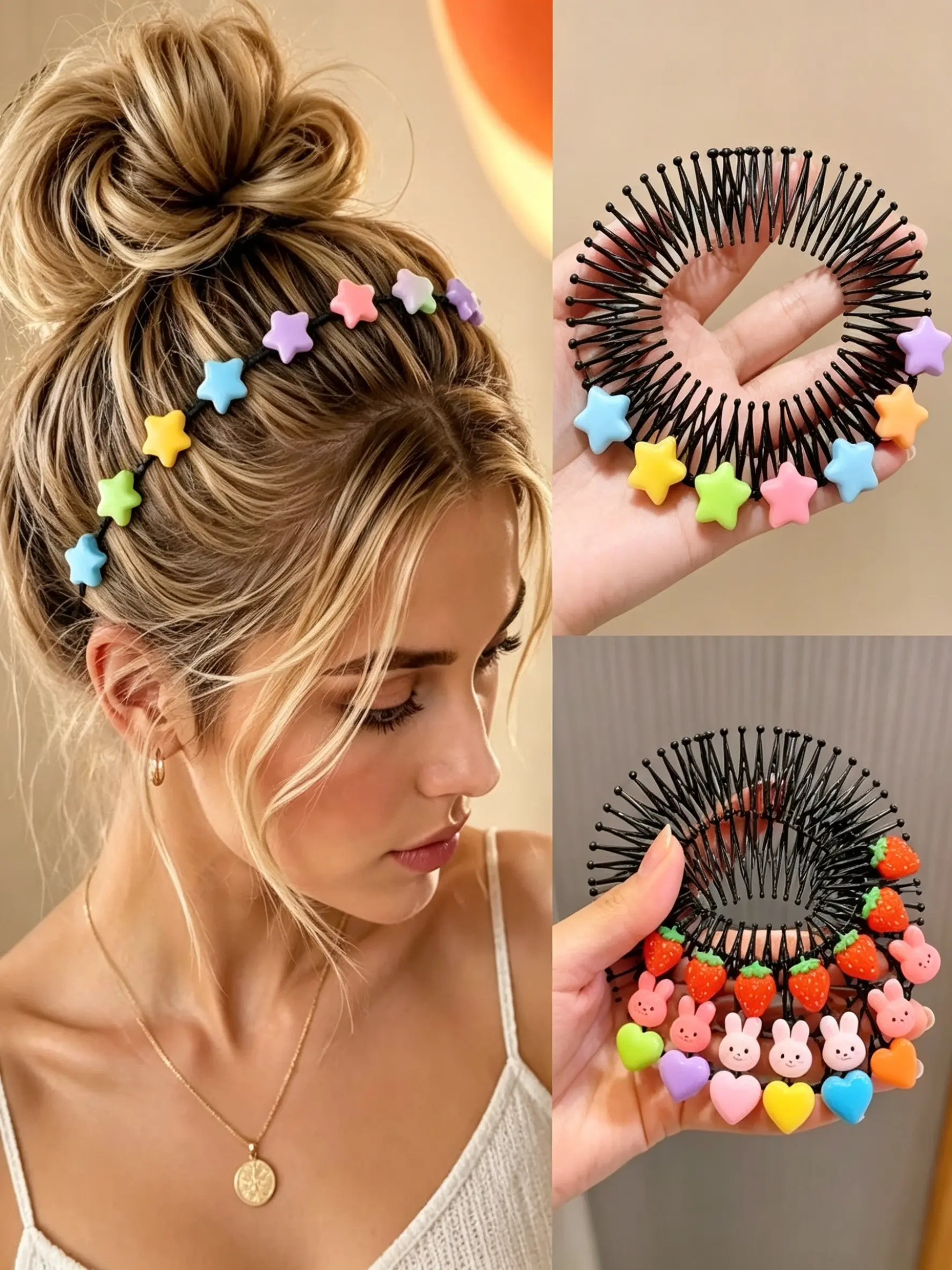 3-Piece Star-Colored Hair Comb Set, Invisible Hair Clip, Heart-Shaped Cute Headband, Lazy Person Hairstyling Tool, Braiding Accessories