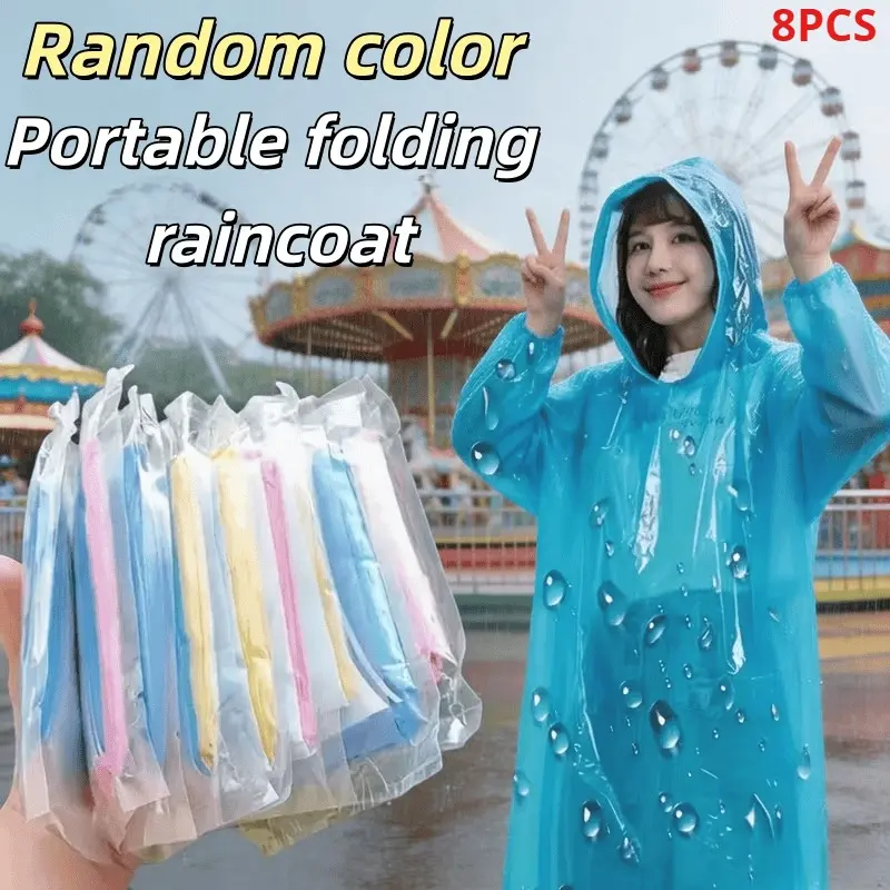 8 Pack Disposable Rain Ponchos for Adults – Emergency Waterproof Raincoat with Drawstring Hood, Pocket-Sized Portable Rain Gear, Individually Wrapped for Camping, Hiking, Travel, Theme Parks
