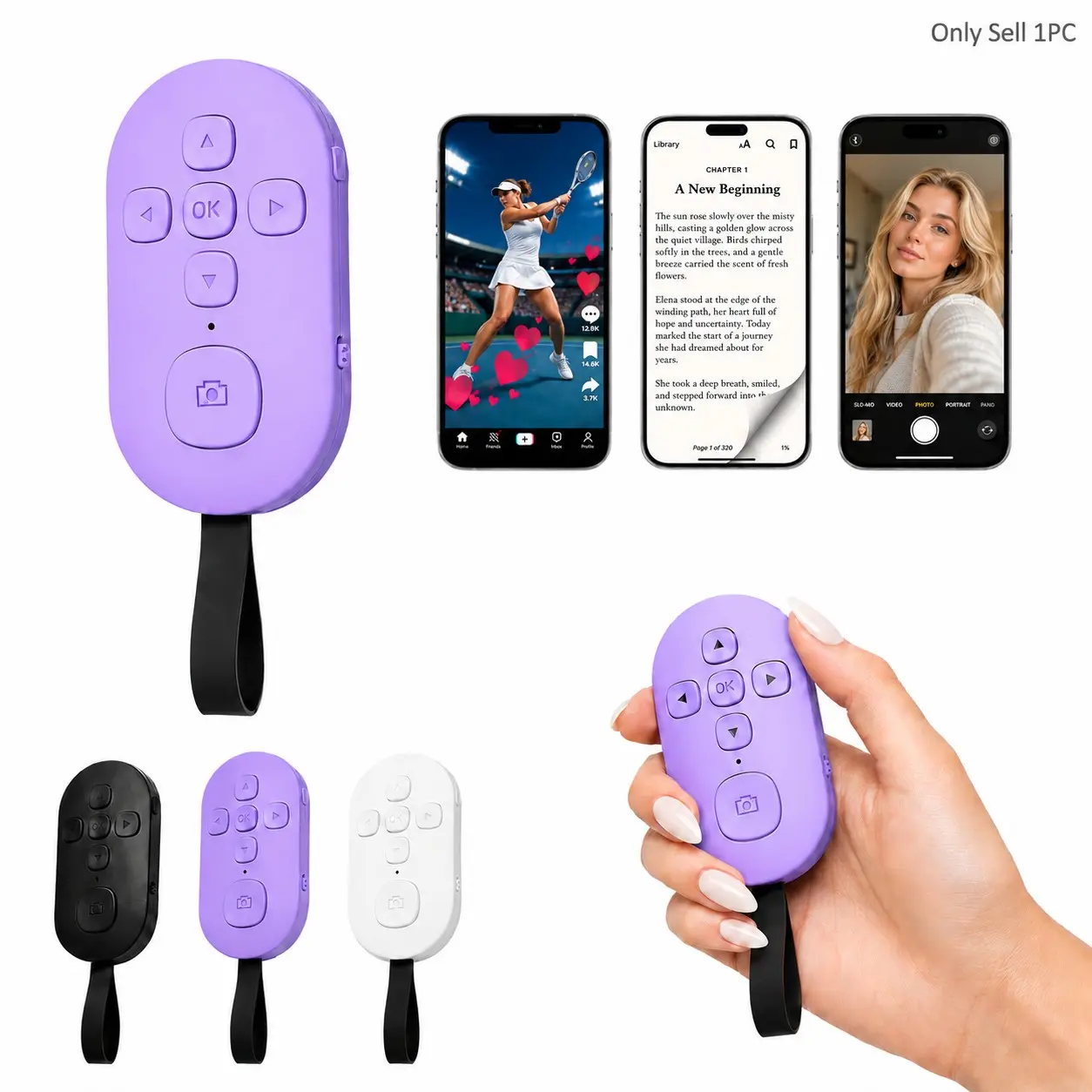 Bluetooth TikTok Scrolling Remote, Hands‑Free Smartphone Controller for Short Videos, Page Turning, Volume Adjustment, Like, Play Pause & Selfie Camera Shutter