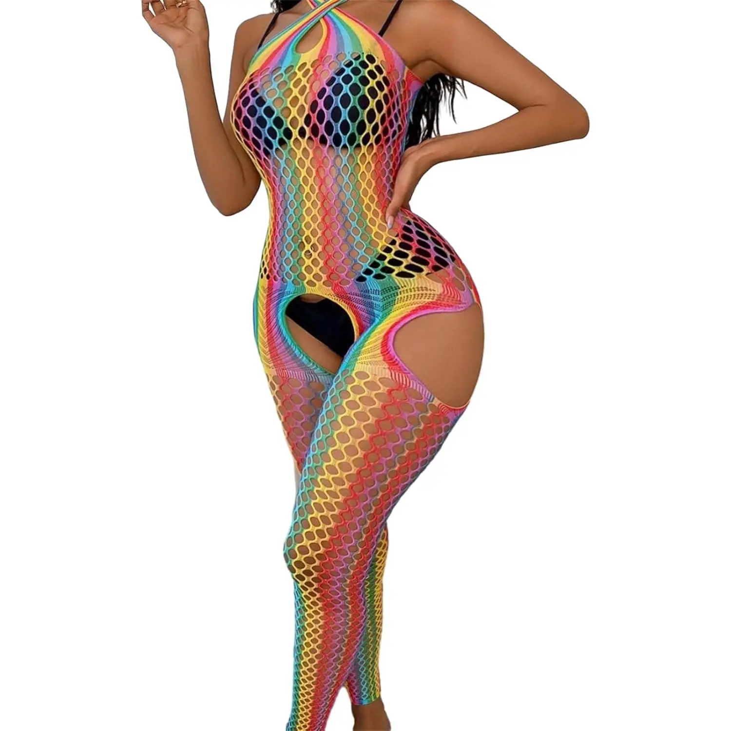 Women's Polyester Rainbow Striped Fishnet Look Lingerie Mini Dress Bodysuit Teddy Babydoll, Machine Washable, Rainbow Stripes, Underwear For Women, Polyester Blend, Mini Bodysuit, Short Length