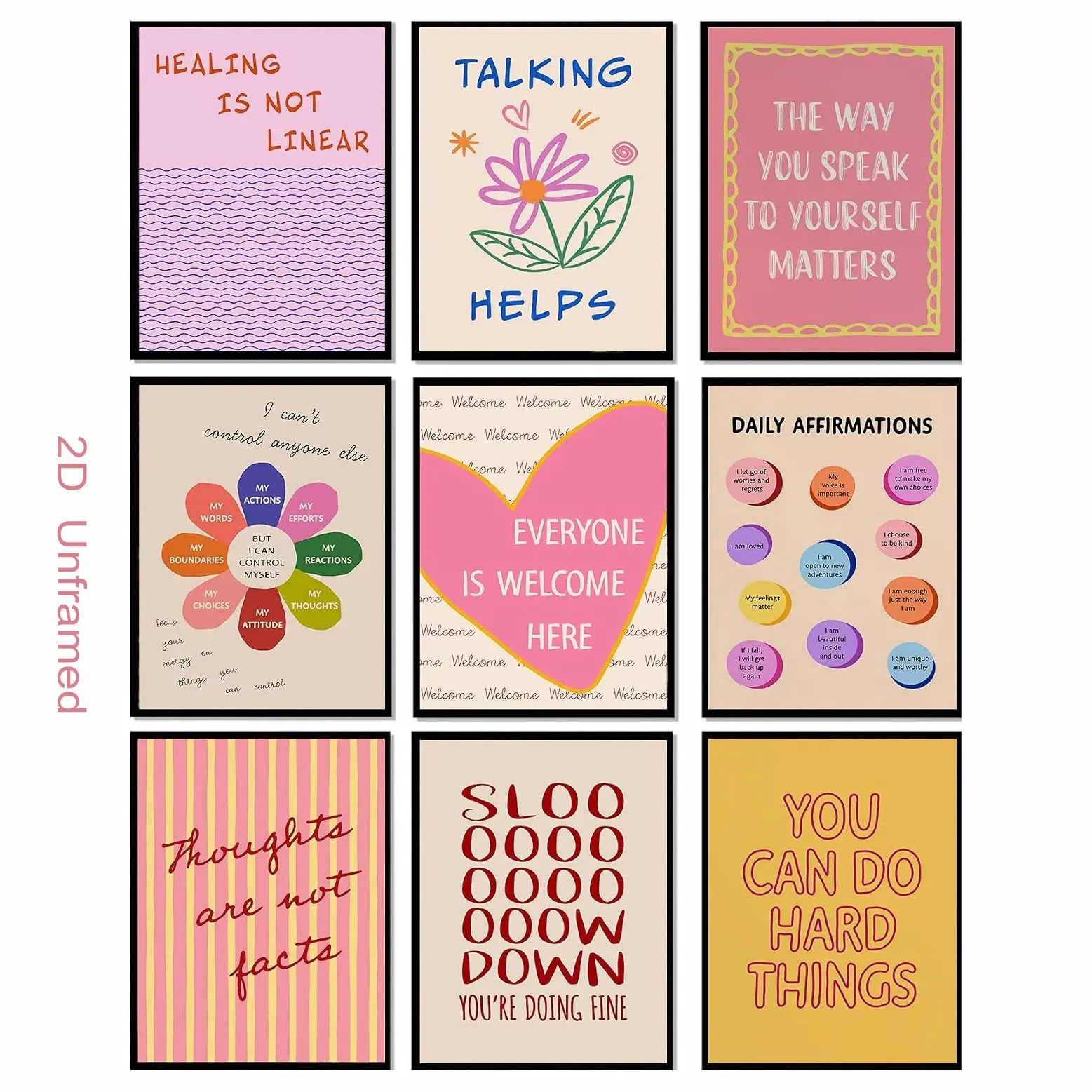 9-piece set   Frameless   Motivational Psychology Mental Health Wall Art, Inspirational Quotes, Colorful and Soothing Office Posters, suitable for offices, bedrooms, and home decor