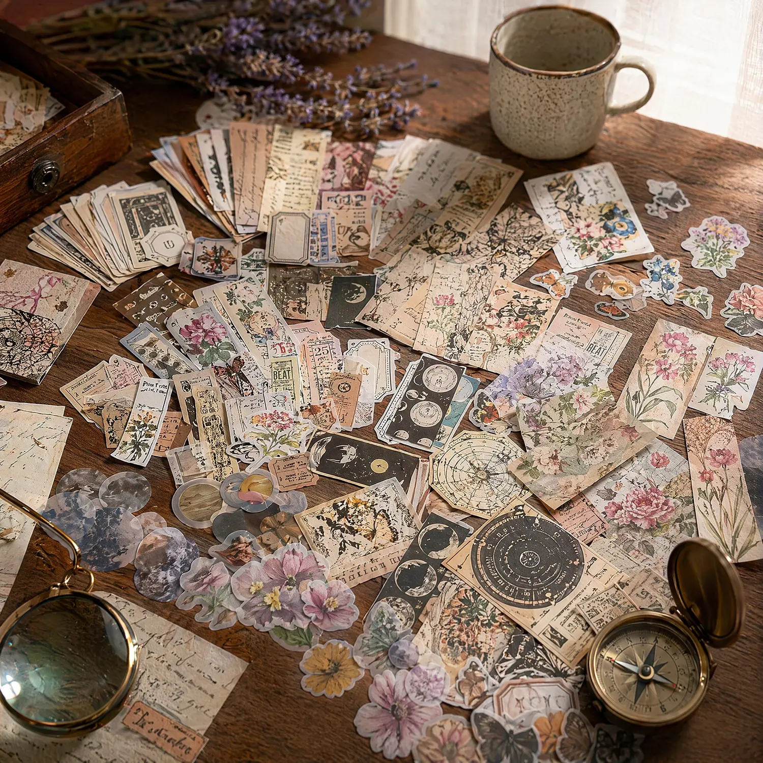 240Pcs Vintage Collage Washi Ephemera Card Stickers Set - Floral, Literary, Old Script, Celestial Matte Self-Adhesive Decals, Office Stationery for Junk Journal, Planner DIY Crafts, Card Stickers Paper
