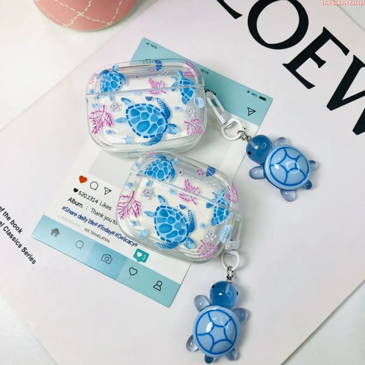 Clear Transparent Earbud Case Cover with Ocean Turtle Print, Cute Underwater Pattern Wireless Earphone Protective Shell with Matching Turtle Pendant Keychain, Lightweight Shockproof Headphone Case Gift for Girls Women