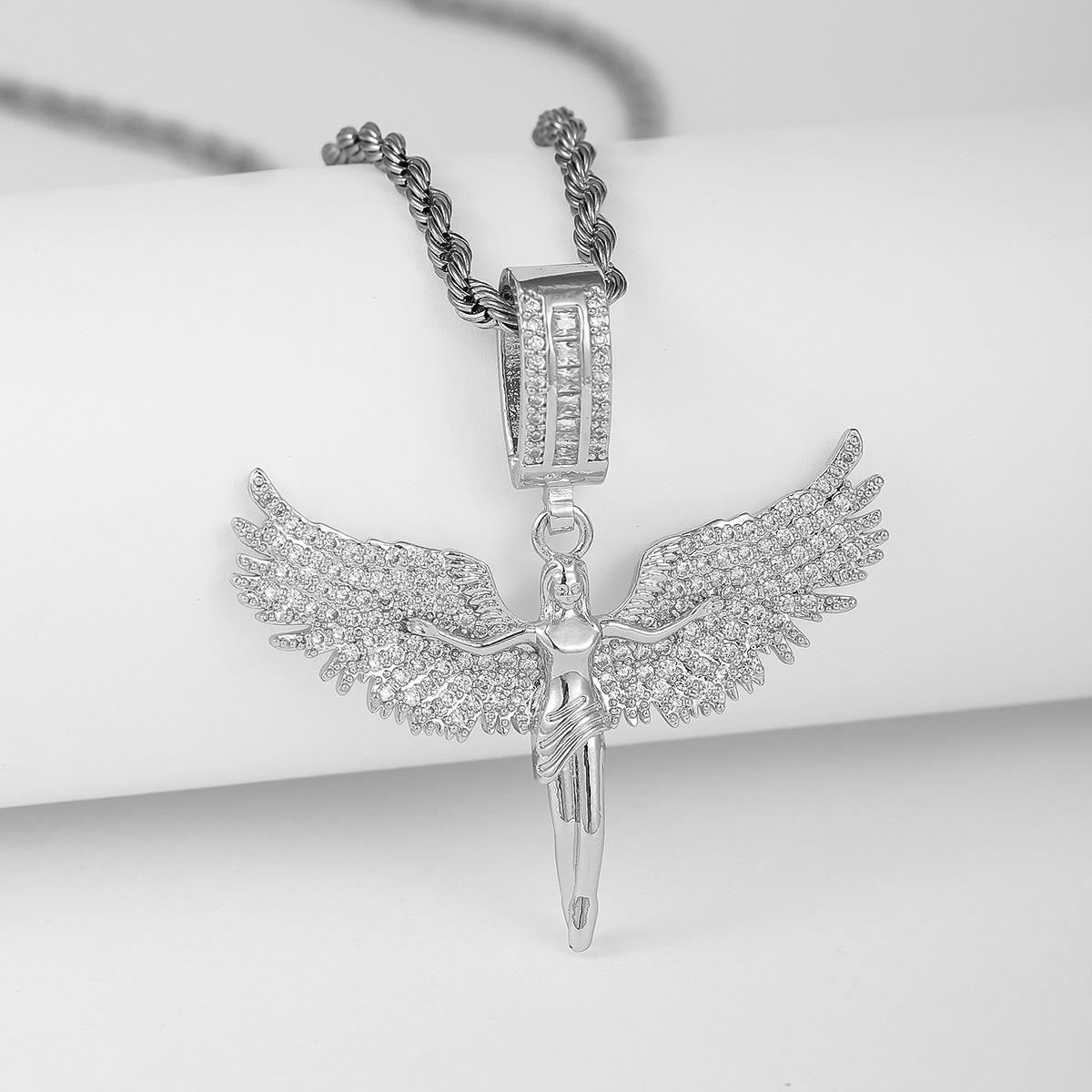 Full of Diamonds Angel Muse Spreads Wings Three-dimensional Feathers Fallen Angel Pendant | Hip Hop Trend Sweater Chain for Men and Women | Dainty Gold Initial Letter Necklace | Stylish Daily Wear Jewelry & Perfect Gift for Him