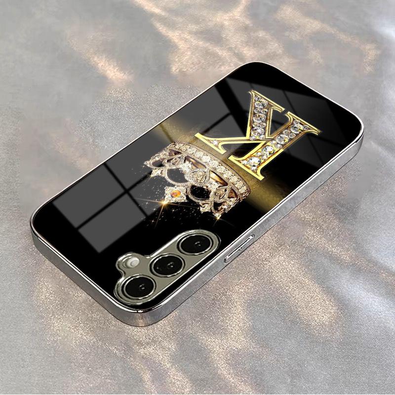 Elegant Crown & Letter K Diamond Pattern Phone Case, Electroplated Tempered Glass Design, Compatible with Samsung Galaxy Series