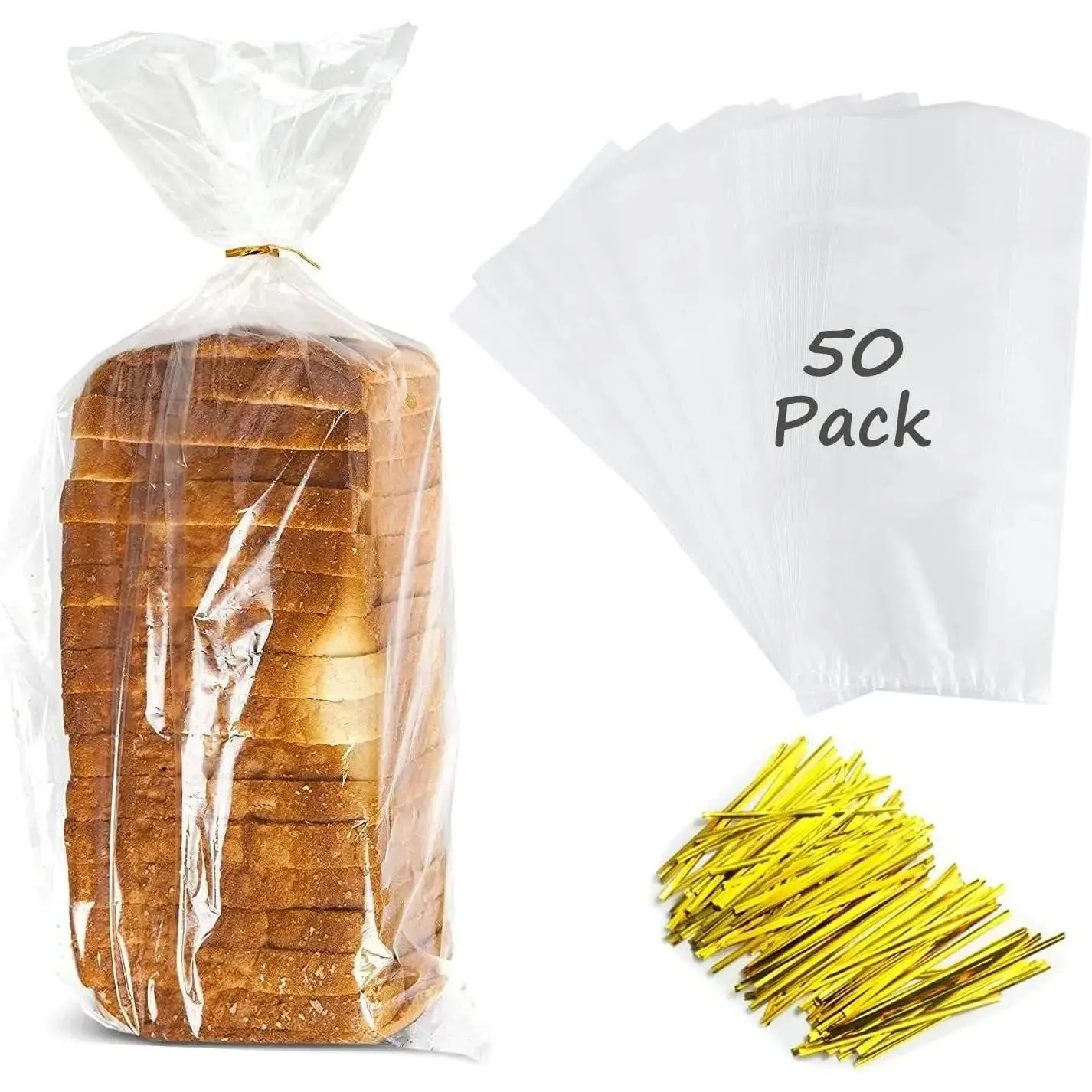 Translucent Plastic Bread Storage Bags with Ties - 8x4x18 in, 50-Count Bulk Pack, Easy Open, for Homemade Bread & Bakery Loaf Packing (Home Supplies Storage Bags Baking Utensils)-L