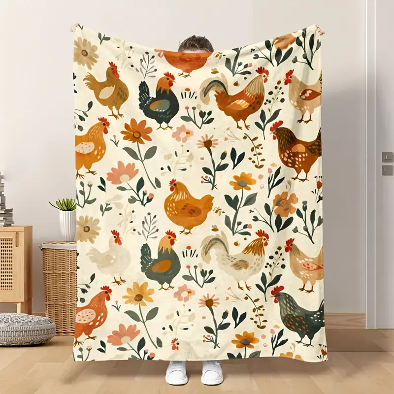 Chicken Element Blanket, Vintage Illustration Style, Chickens On The Farm, Flowers, Plants, Animals, Birds, Soft Warm Printed Blanket, Suitable For Classmates, Friends, Holiday Gifts, Suitable For Nap, Camping, Travel, Car, Office Home Decoration