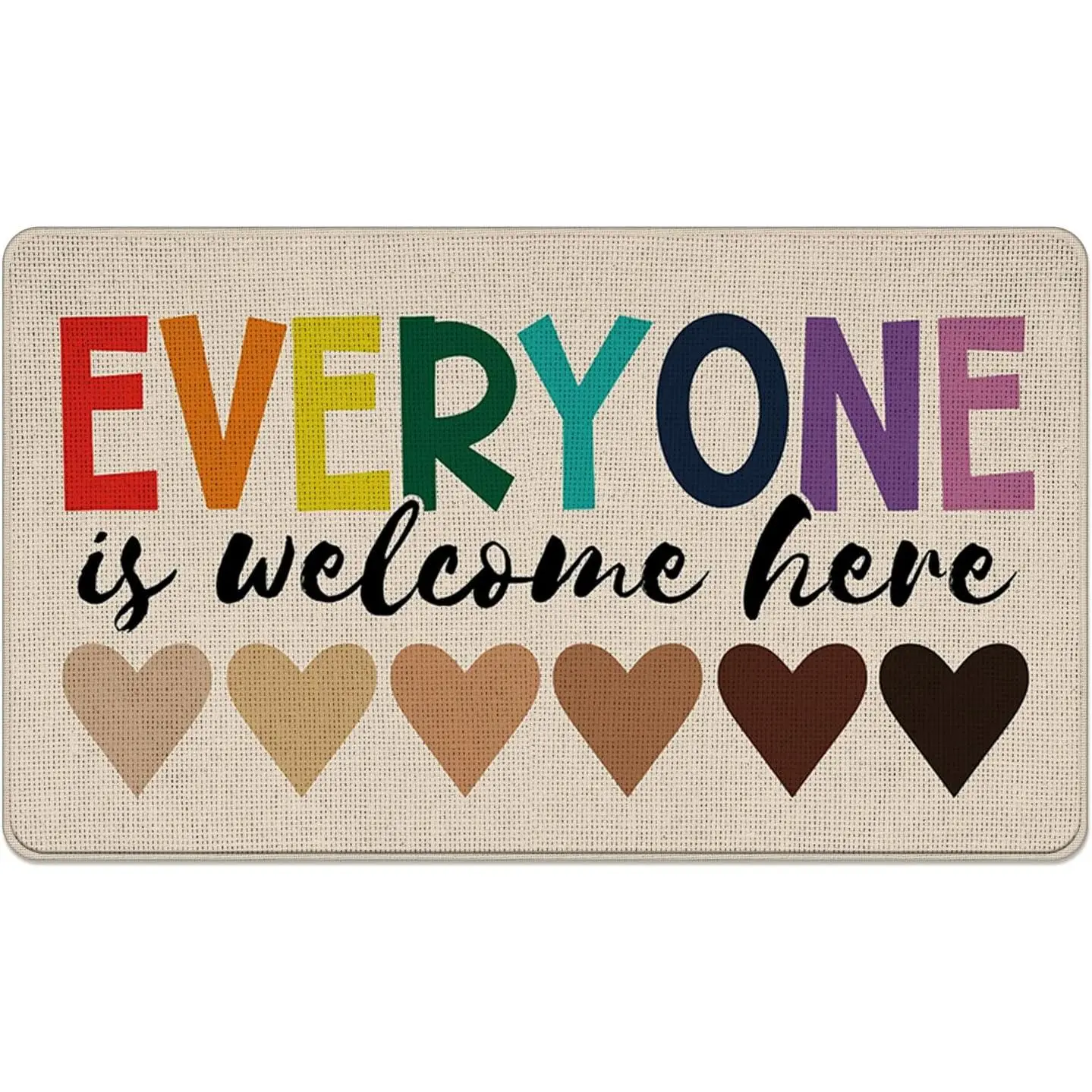 Everyone is Welcome Here Equality Front Door Mat, Pride Rainbow | Heart Decorative Doormat Non-Slip Floor Entryway Rug, Peace Diversity Low Profile Indoor Outdoor  Kitchen Decor