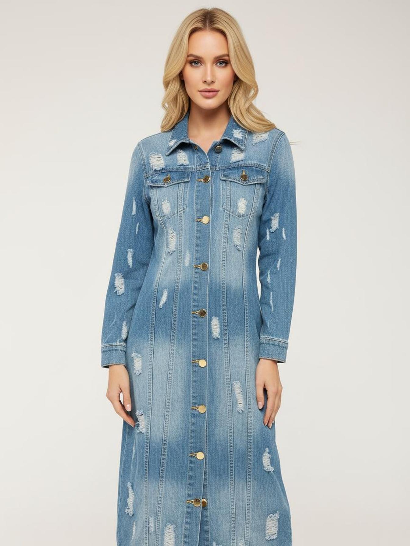 Women's Long Distressed Denim Duster Jacket Button Front Ripped Jean Coat with Pockets