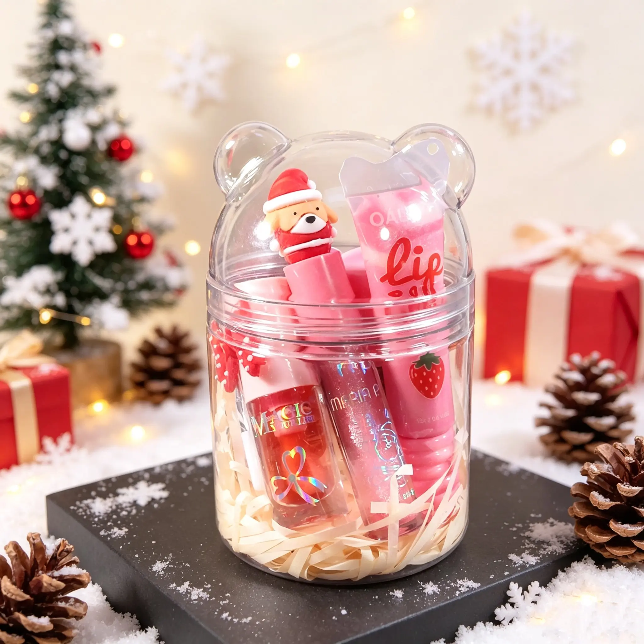 Christmas Limited Edition Cute Bear Lip Gloss Set, 6pcs Moisturizing Lip Oil, Glossy Juicy Lip, Fruit Flavor, Shimmering Warm Color Change, Includes Mini Brush